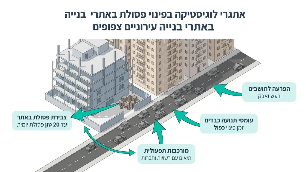 מנוף פועל באתר בנייה צפוף בסביבה עירונית