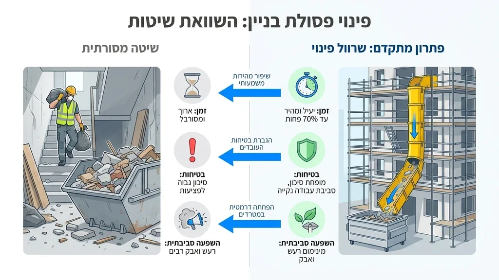 שרוולי פינוי פסולת מותקנים על בניין מגורים