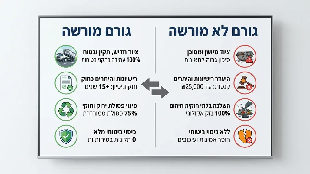 משאית מורידה מכולה לפינוי פסולת באתר בנייה