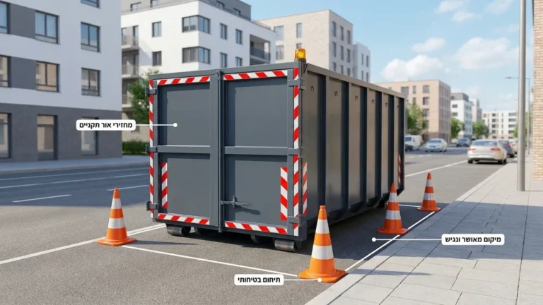 מכולה מוצבת ברחוב עם מחזירי אור וקונוסים לבטיחות